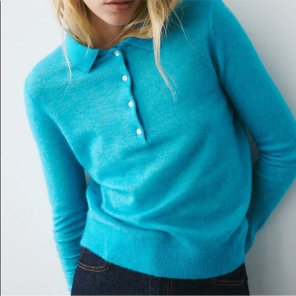 ZARA blue polo sweater wool alpaca small - Picture 1 of 7